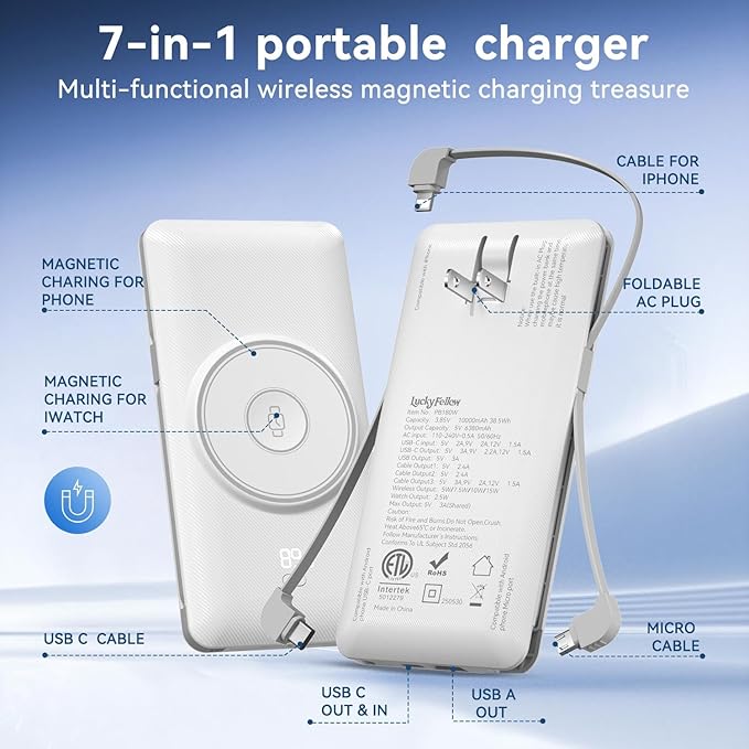 Magnetic 10000mAh Portable Charger for iWatch & iPhone, PD Fast Charging Wireless Power Bank Built-in Cables and Wall Plug, External Travel Battery Pack Compatible with iOS Android Phones