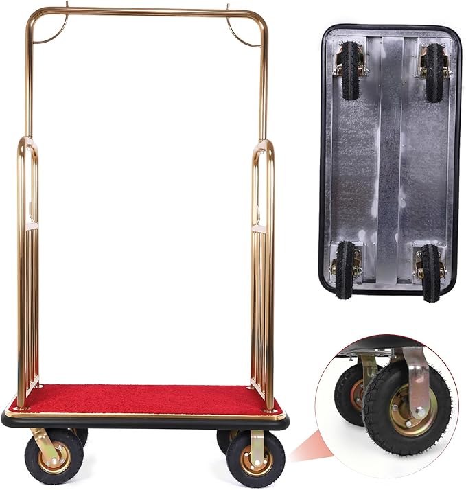 Generic Hotel Luggage Cart 39Lx19Wx68H Inch Bellman Cart with 881lb Load Capacity 8-inch Silent Rubber Casters Carpet Deck Bumper Rails Hotel Service Trolley for Commercial Use Condos Resorts