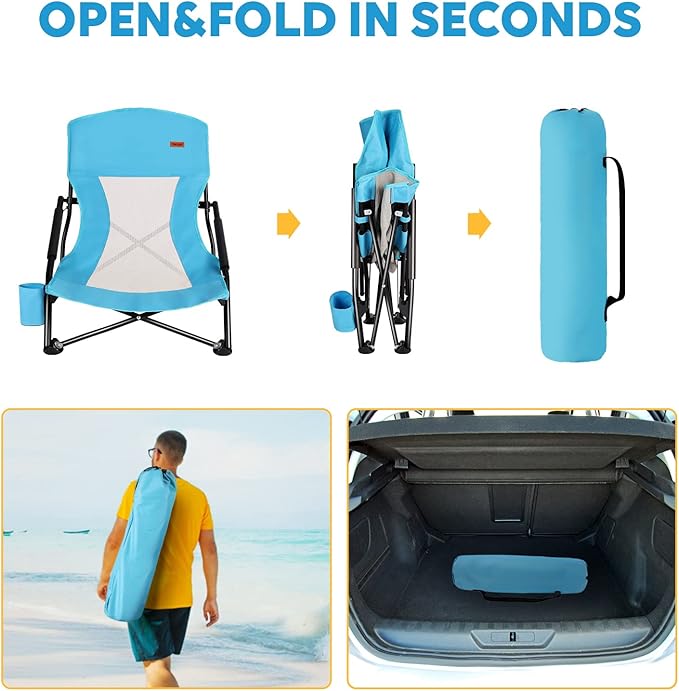 TOBTOS Low Beach Chair for Adults 2 Pack, Low Profile Folding with Cup Holder & Carry Bag, Heavy Duty Chair for Outdoor Sand, Camping, Concert, Travel