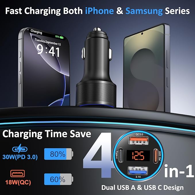 65W 4-Port USB C Super Fast Type C Car Charger for Galaxy S25/S24/S23/S22 Ultra/iPhone 17/16/15, 3 Pack QC&PD 3.0 Fast Charging Android Car Phone Charger Cigarette Lighter Adapter+6FT USB-C Cable