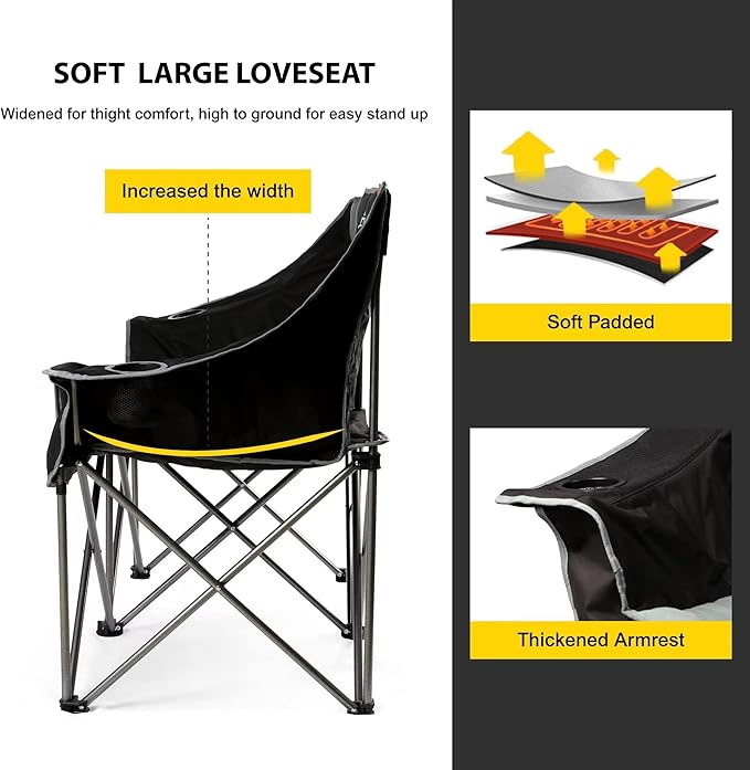 FAIR WIND Oversized 3 Person Camping Chair Padded Triple Loveseat Folding Camping Couch Duo Chair Heavy Duty Quad Fold Arm Chair with Cup Hold - Supports 900 LBS Black