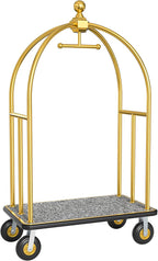 Hotel Luggage Cart Commercial Grade Brushed Stainless Steel, 900LBS Heavy Duty Bellman's Cart with 8" Rubber Wheels & Grey Carpeted Deck Luggage Trolley for Hotels Resorts (Gold, 74" X 42" X 25")