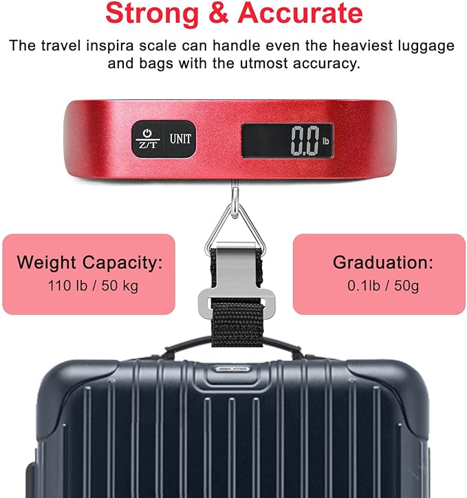 travel inspira Luggage Scale, Portable Digital Hanging Baggage Scale for Travel, Suitcase Weight Scale with Rubber Paint, Temperature Sensor, 110 Pounds, Battery Included