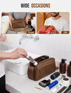 PU Leather Toiletry Bag for Men - Water Resistant Travel Bag for Toiletries, Bathroom Essentials, Accessories - Brown