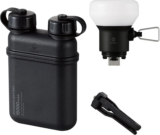 ELECOM NESTOUT Portable Charger and Lamp, 15000mAh Outdoor Battery Power Bank, 32W USB-C Fast Charging PD, Battery and Light for Camping, 300 Lumen LED Lantern Lamp-1 - Black