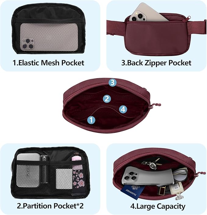 Fanny Pack Crossbody Bag for Women and Men, Belt Bag for Hiking Bum Bag with Adjustable Strap,Casual Cell Phone Pouch?Waist pack for Running Workout Sports Travel Burgundy