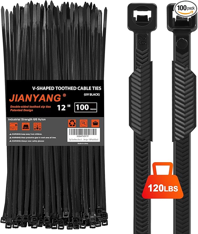 Zip Ties Heavy Duty 12 inch，V-Shaped Toothed Double Sided With 120 LBS Tensile Strength Cable Ties ，Extra Large Wire Ties Adjustable Nylon Tie Wraps for Indoor Outdoor Patented Design（100 Pack Black）