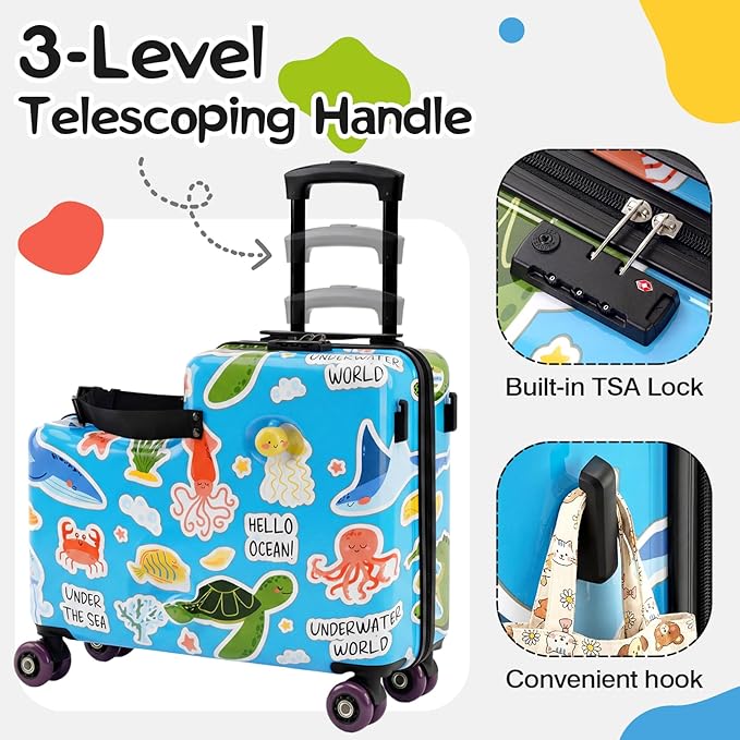 smilesun 20" Ride-On Suitcase for Kids, Cute Pattern, Lightweight Hardshell Carry-On Luggage with Double Spinner Wheels, TSA Lock for Boys & Girls（Blue）