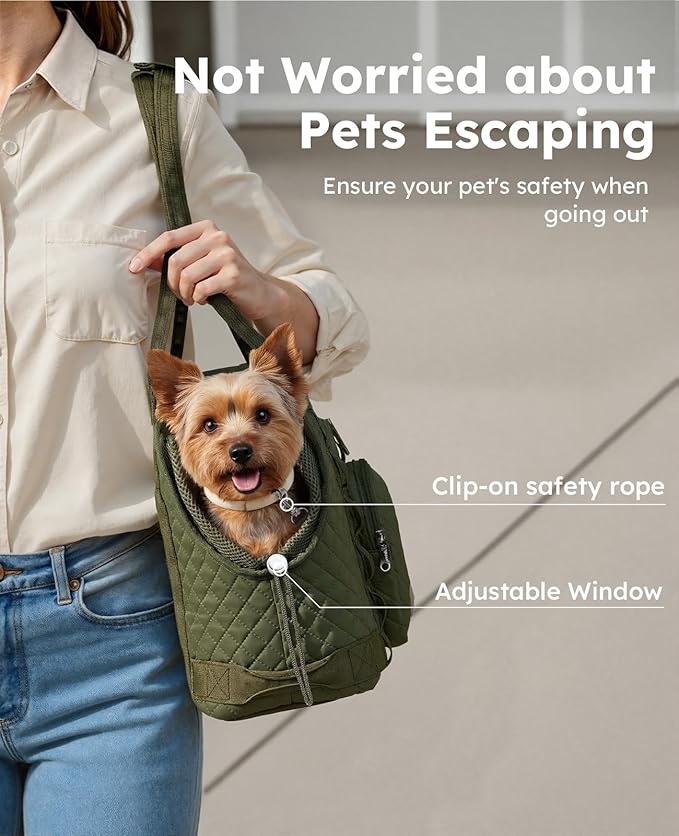 Pecute Dog Purse Carrier, Dog Carrier with Pockets for Small Dogs, Fits Dogs 5 lbs to 9 lbs, Cat and Puppies Tote Bag, Outing, Travel, Vet, Green