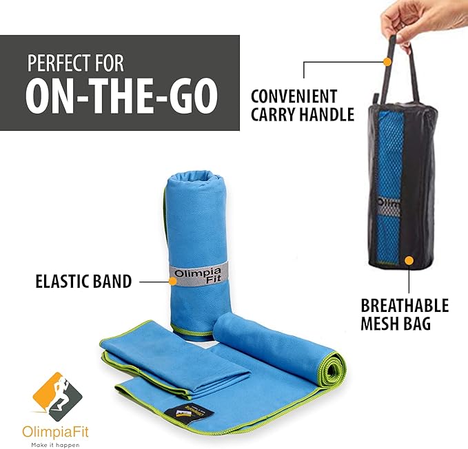 OlimpiaFit Quick Dry Towel - 3 Size Pack of Lightweight Microfiber Travel Towels w/Bag - Fast Drying Towel Set for Camping, Beach, Gym, Backpacking, Sports, Yoga & Swim Use