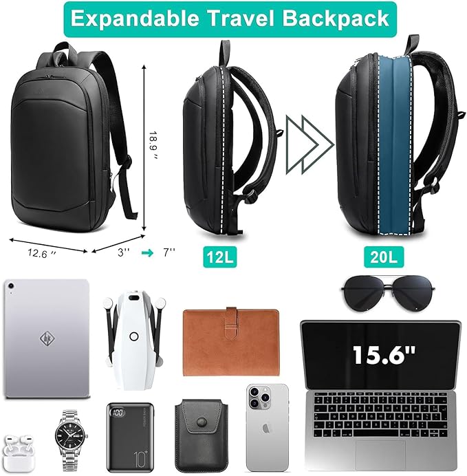 hk Business Backpack for Men 15.6 Inch,Slim & Expandable Waterproof Travel Laptop Backpack, Anti-Theft Lightweight Work Computer Bag, College Laptop Backpacks Gifts for Men Women-Black