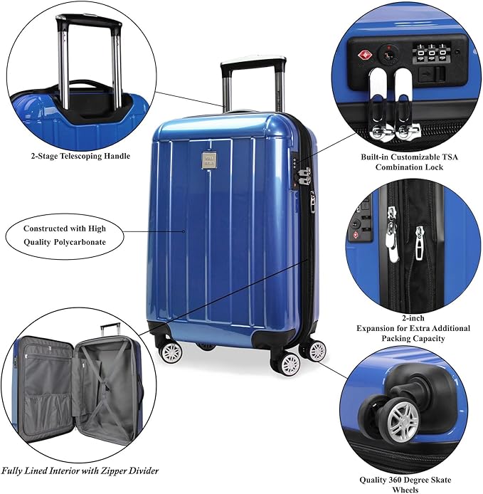 World Traveler VentureX Airline Approved 20-Inch Carry-On Luggage – Lightweight Hardside Polycarbonate Suitcase with Spinner Wheels - Contour Blue