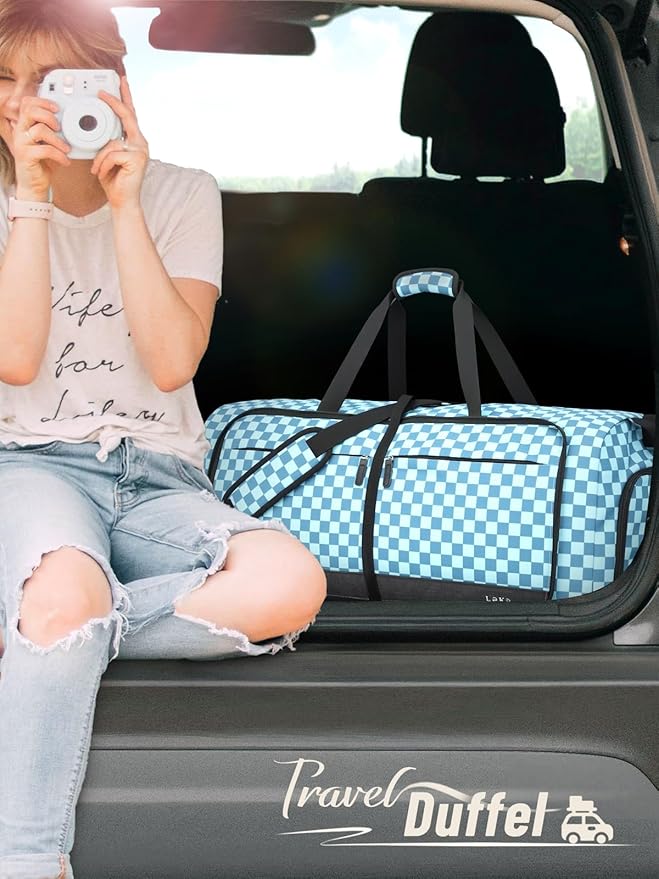 Lekesky Foldable Travel Duffle Bag for Women, Large Duffel Bag with Separate Shoes Compartments & Straps, Carry On Weekend Bag for Women, Hospital, Overnight (Green Gingham, 80L)