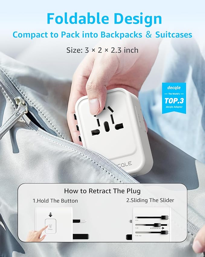 Universal Travel Adapter, International Travel Plug Adapter with 2 USB-C(GaN 45W) ＆ 1 USB-A Ports, All in One Portable Adaptor, for USA, UK, EU, AU ＆ 224+ Countries (White) US