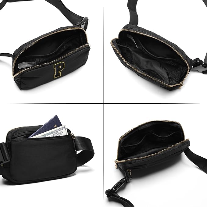 Gitus Belt Bag Fanny Pack Crossbody Bags with Initial Letter Patch Gifts for Wife Older Women Mother Coworker Bridesmaid Anniversary Travel Gifts Beach Gifts (Black-P)