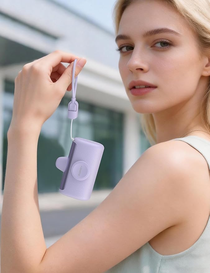 RORRY PalmGo Portable Charger, 10000mAh PD 22.5W Fast Charging Mini Power Bank with Built-in USB C Connector, 3-in-1 Battery Pack for iPhone 17/16/15 Pro/Max, Apple Watch Ultra/11/10/SE, iPad, Purple