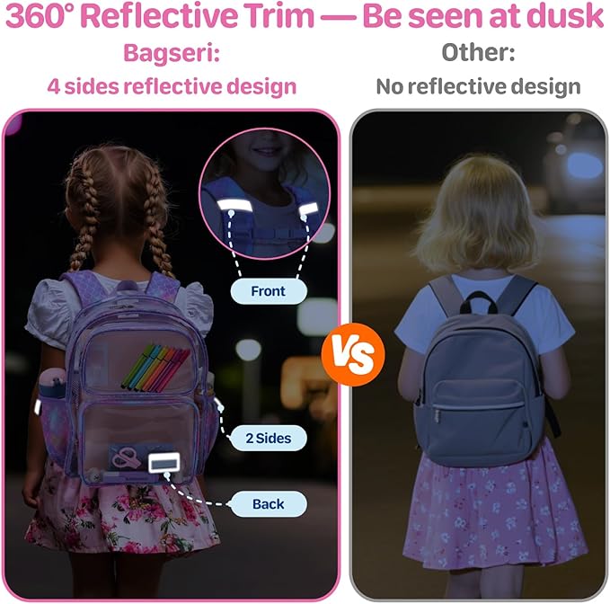 Bagseri 3pcs Clear Backpack for Girls - 15 Inch School Bag Set with Lunch Box and Pencil Case, Heavy Duty Transparent Bookbag for Kindergarten to Grade 2, Purple Mermaid