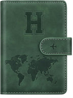 Personalized H Passport Holder Cover Initial Letter Travel Wallet RFID Blocking Passport Cover Credit Card Holder Case Passport Book Holders for Women and Men, Pine Green-H