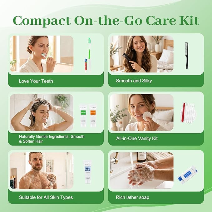 10 Sets Travel Toiletries Kit Bulk, 9-in-1 Disposable Personal Hygiene Kit with Toothbrush,Toothpaste,Floss,Shampoo,Shower Gel,Conditioner,Soap,Comb, and Vanity Kit for Hotel Guest Donations Supplies
