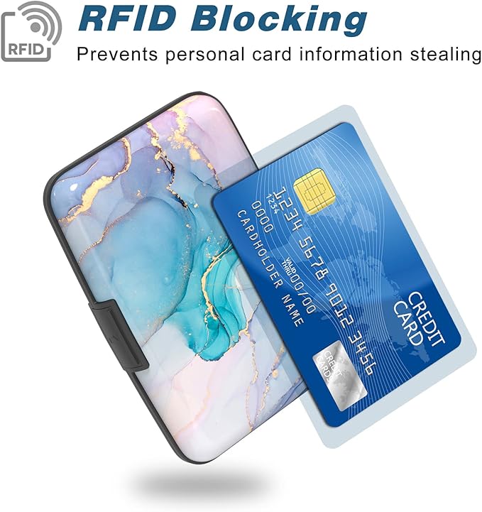 Credit Card Holder, Mini Aluminum Card Wallet RFID Blocking Slim Metal Hard Card Case for Women Men, Purple Gold Marble