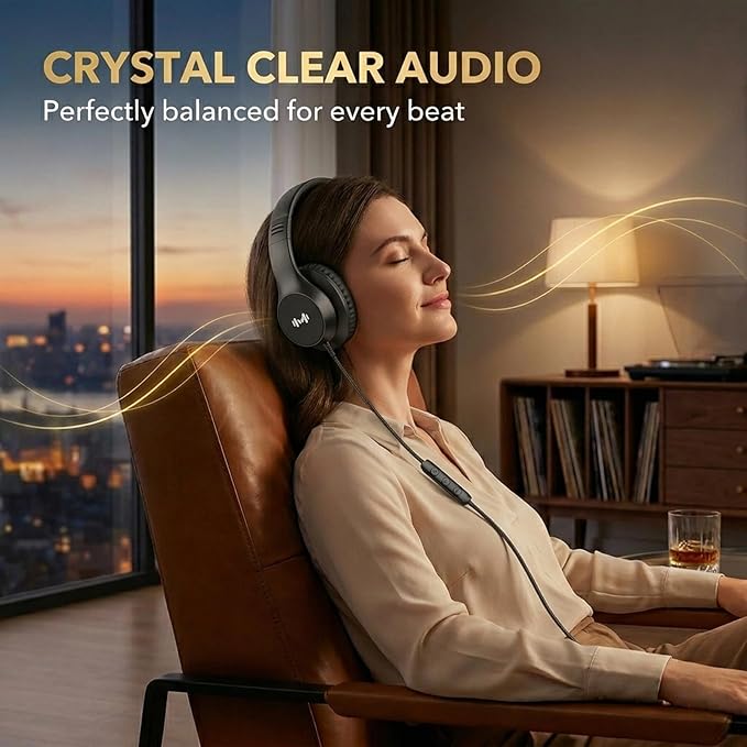 Wired Headphones for Adults, Premium Over-Ear Headset with Hi-Fi Stereo Sound, Noise-Isolating Ear Cushions, Lightweight Comfortable Design, Tangle-Free Cable, Ideal for Work, Travel, Daily