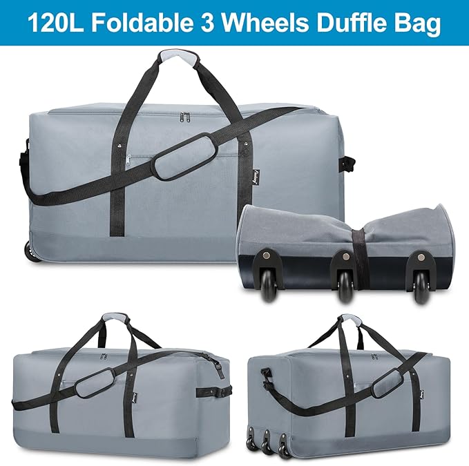 Finnhomy 120L Foldable Rolling Duffel Bag with 3 Wheels, Light Weight Travel Duffel bag with Large Loading Capacity, 32'' Rolling Duffel bag with Shoulder Strap