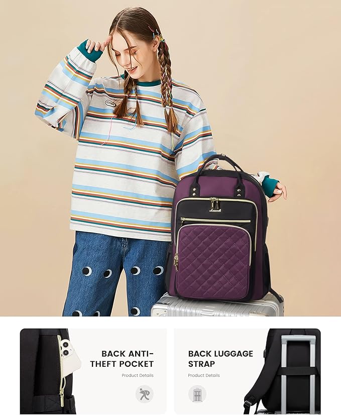 LOVEVOOK Laptop Backpack for Women with Giant Tumbler Holder Pocket, 15.6 Inch Water Resistant Lightweight Daypacks for College Work Business, Nurse Teacher Computer Bags, Purple Black