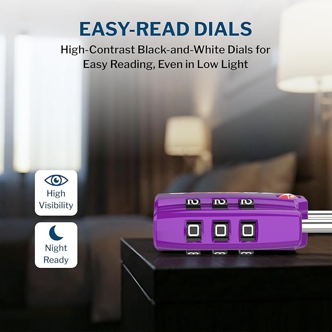 Forge Open Alert TSA Approved Luggage Locks - 3 Digit Combination, Easy Read Dials, Zinc Alloy Body - Ideal Travel Lock for Luggage, Suitcases, Bags & Toolboxes (Purple 4 Locks)