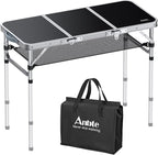 Anbte Folding Camping Table with Storage Net, 3ft Camping Table Aluminum Folding Table with 3 Adjustable Height Max 27.1 Inch Picnic Table Portable Table for Outdoor Backyard BBQ, Black