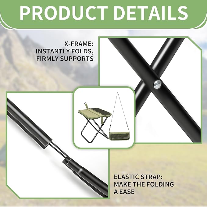 Folding Portable Camping Stool, Lightweight 1.4lbs with Carry Strap, Foldable Backpack Stool for Travel, Hiking, Picnic, Outdoor Events(Green)