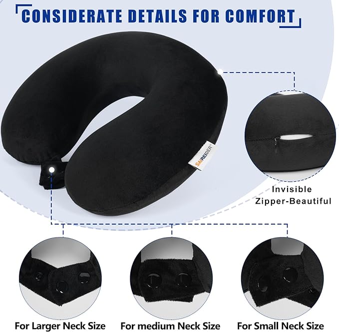 SAIREIDER Neck Pillows for Travel 100% Memory Foam Adjustable Travel Pillows with Storage Bag, Sleep Mask and Earplugs-Prevent The Heads from Falling Forward (Black)