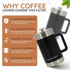 1.6L French Press Coffee Maker, 54oz Large Capacity French Press Stainless Steel Brewer with Double Filter Mesh for Kitchen Travel Camping, Hot & Cold Brew Coffee Maker Gifts (Black)