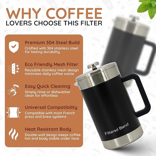 1.6L French Press Coffee Maker, 54oz Large Capacity French Press Stainless Steel Brewer with Double Filter Mesh for Kitchen Travel Camping, Hot & Cold Brew Coffee Maker Gifts (Black)