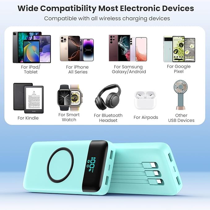 Wireless Portable Charger 40800mAh for iPhone with 3 Built-in Cables,7-in-1 15W Wireless Charging USB C Power Bank,25W PD Fast Charging Travel Essential Battery Pack for iPhone 17/16/15,Android-Green