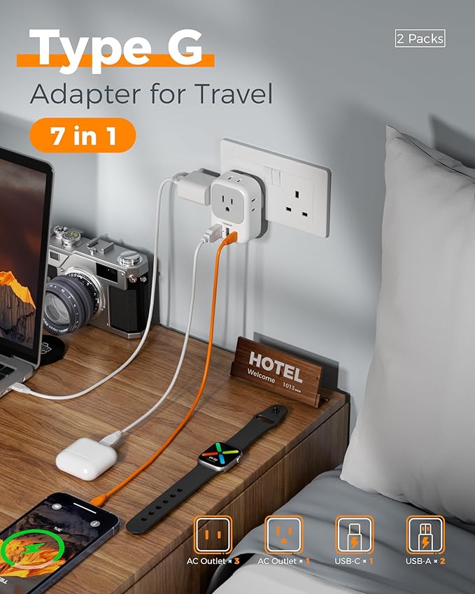 UK Adapters for Travel 2 Pack, TESSAN Type G US to UK Plug Adapter with 4 Outlets 3 USB Charger(1 USB C PD 20W), Power Adaptor for USA to Ireland Scotland Dubai Hong Kong England British Kenya London