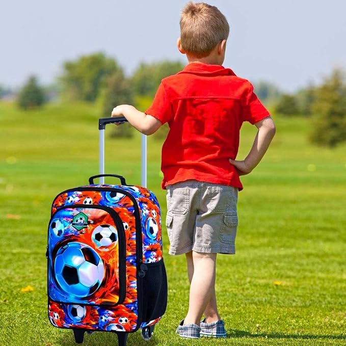 18" Kids Suitcase for Boys, Soccer Toddler Carry on Luggage Set, Cool Football Travel Rolling with Wheels (Fire)