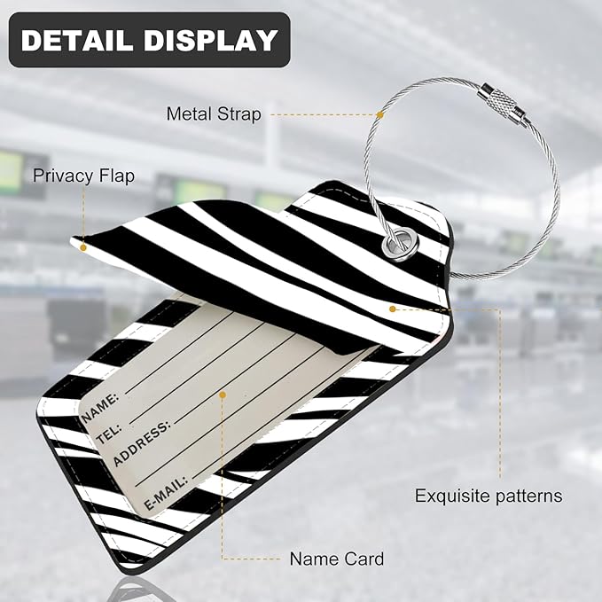 2Pack Luggage Tags for Suitcases, Cute Unique Pu Leather Cruise Luggage Tag with Privacy Cover ID Label Address Card and Metal Ring Suitable for Women Men Kids Travel Bag Black and white lines