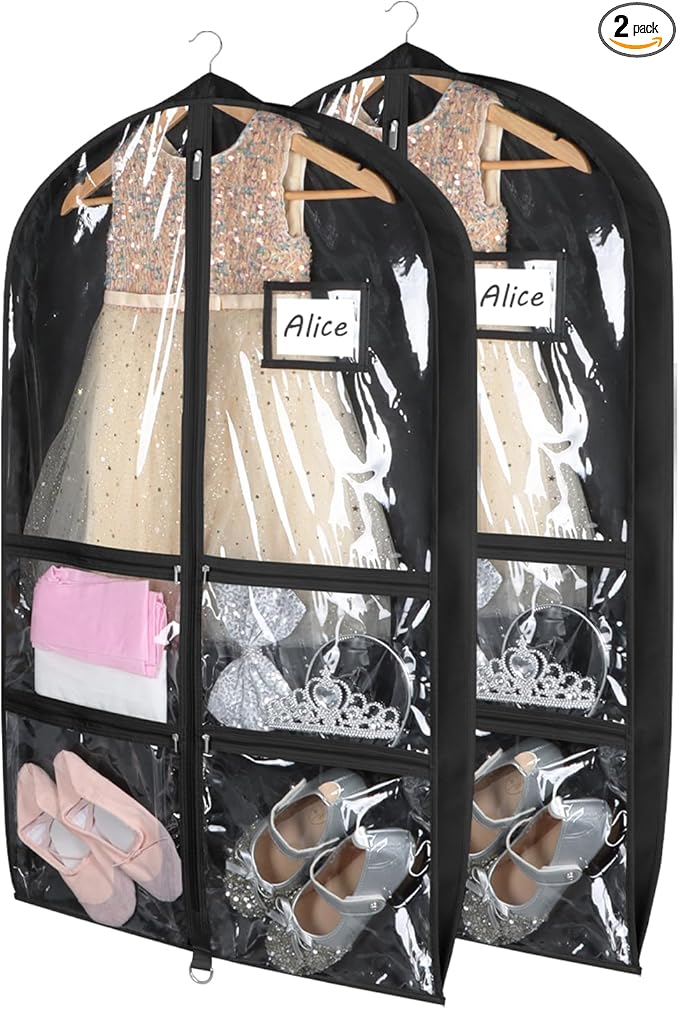 Syeeiex 3" Gusseted Clear Dance Costume Garment Bag, 40'' Dance Garment Bags for Dancers with 4 Zippered Pocket & Can Hold 1-3 Dance Costumes - Suitable for Dance Competitions, Ballet(Black, 2 Pack)