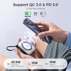 6-in-1 Magnetic Wireless Portable Charger 10000mAh – 22.5W Fast Charging with AC Wall Plug Built-in USB-C & Lightning Cables for iPhone 17/16/15/14/13/12, Android & Samsung(Silver)
