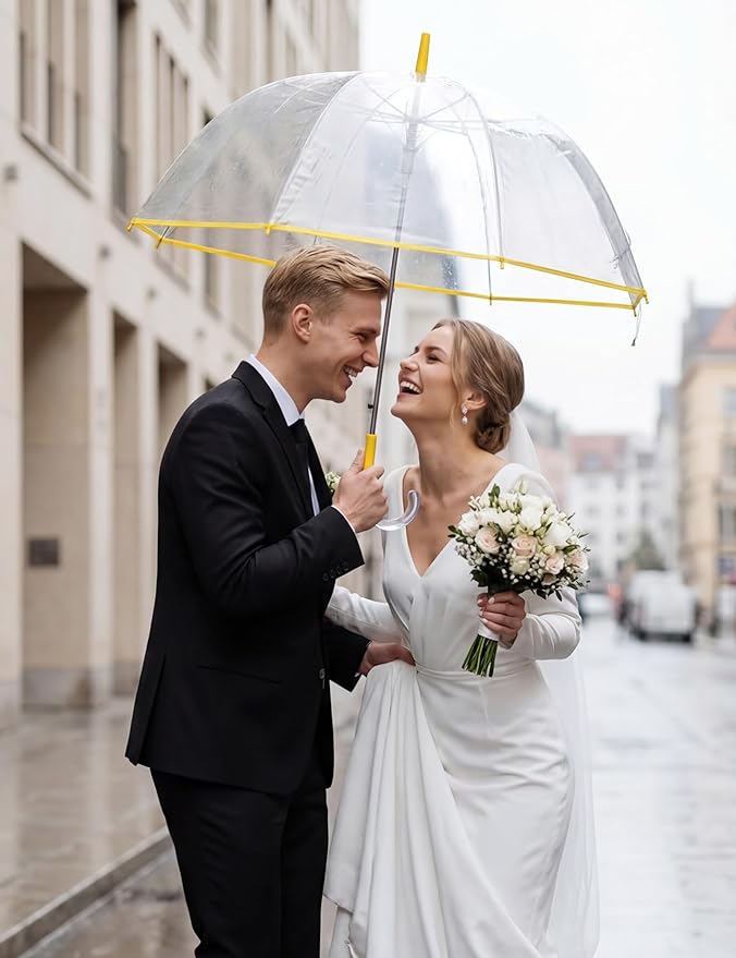 G4Free 52 inch Clear Bubble Umbrella, Large Canopy Transparent Dome Coverage Stick Umbrella, J Hook Handle European Style for Weddings,Prom,Graduation and Outdoor Events