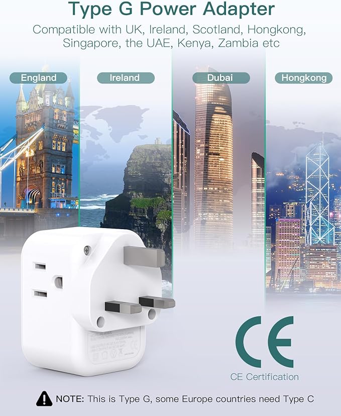 US to UK Plug Adapter 3 Pack, Addtam Type G Travel Plug with 3 Outlets 3 USB Ports(2 USB C), UK Power Adaptor for USA to England London British Ireland Scotland Dubai Hong Kong Kenya