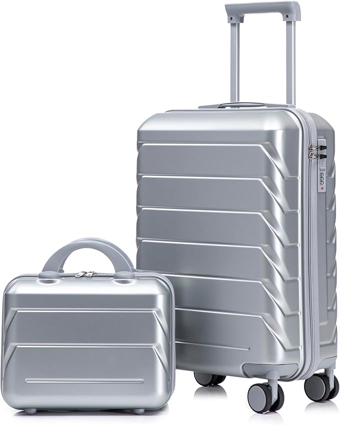 Kids Luggage Sets for Girls, 2 Piece Luggage Set, 20 Inch Rotating Wheel Suitcase with 14 Inch Cosmetic Case, Lightweight Hardshell Suitcase with 360° Spinner Wheels for Travel (Silver)