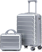Kids Luggage Sets for Girls, 2 Piece Luggage Set, 20 Inch Rotating Wheel Suitcase with 14 Inch Cosmetic Case, Lightweight Hardshell Suitcase with 360° Spinner Wheels for Travel (Silver)
