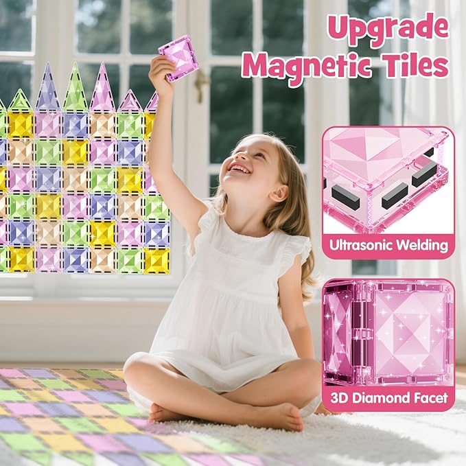 Magnetic Tiles for Kids Ages 4-8, Magnetic Blocks Travel Set with Diamond Surface & Metal Storage Box, 60PCS STEM Learning Toys, Educational Building Gifts for 3-8 Year Olds