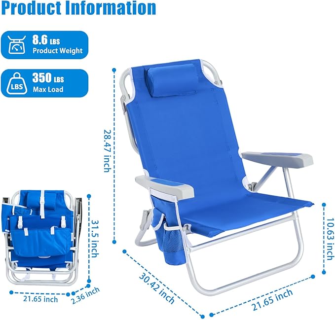 SUNNYFEEL Low Beach Chair, 5-Position Lay Flat Reclining, Backpack Portable Folding Chair with Cooler Bag & Cup Holder, Heavy Duty 350 LBS, Compact for Beach, Camping, Travel (New Blue)