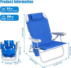 SUNNYFEEL Low Beach Chair, 5-Position Lay Flat Reclining, Backpack Portable Folding Chair with Cooler Bag & Cup Holder, Heavy Duty 350 LBS, Compact for Beach, Camping, Travel (New Blue)