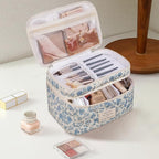 Gosect Makeup bag, Large Cosmetic Bag for Women Girls, Cute Quilted Makeup Bags, Floral Coquette Aesthetic Toiletry Bag, Travel Make Up Organizer Bag (Blue Bow)