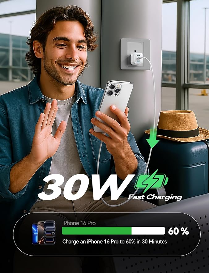 JOYROOM iPhone 14 13 Charger Fast Charging, 3-Port GaN USB C Block, 30W Type C Charging Block with Foldable Power Adapter for iPhone 12/13/14/15/16/17, iPad, Galaxy, and More (Pink)