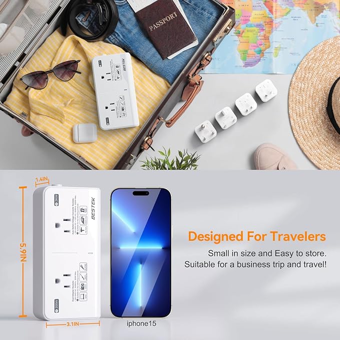 BESTEK 220V to 110V Voltage Converter US to Europe, 2000W Universal Travel Adapter with 2 USB C Ports & 1USB-A Port, International Travel Adapter for Hair Straightener