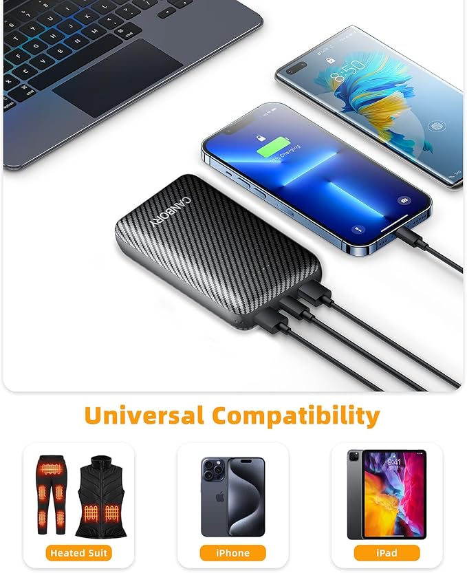Heated Vest Battery Pack,𝟏𝟐𝟎𝟎𝟎𝐦𝐀𝐡 5V 2A/3A USB-C Out/in Power Bank for Heated Jacket Heated Pad Heated Hoodies Pocket Size Black